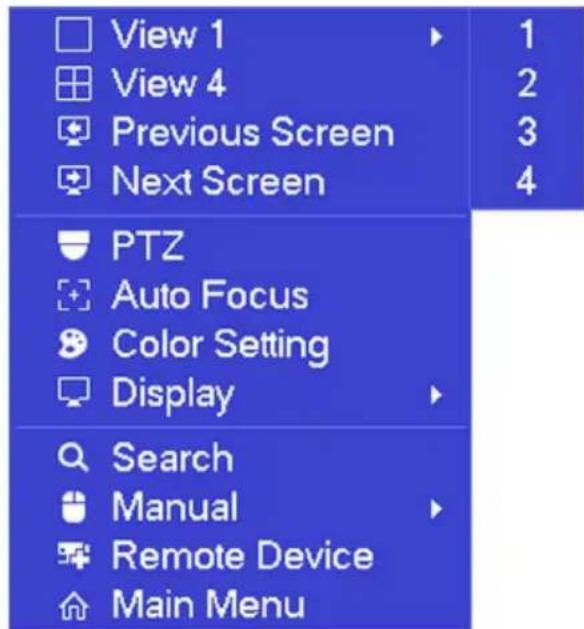 View 1 View 4 Previous Screen Next Screen PTZ Auto Focus Color Setting Display Search Manual Remote Device Main Menu