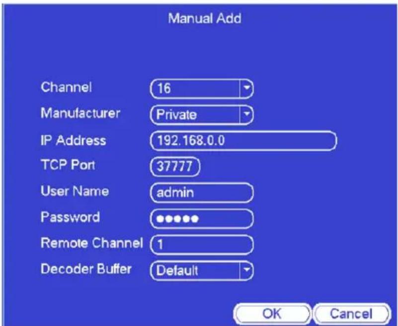 Manual Add Channel 16 Manufacturer Private IP Address 192.168.0.0 TCP Port 37777 User Name admin Password •••••• Remote Channel 1 Decoder Buffer Default OK Cancel
