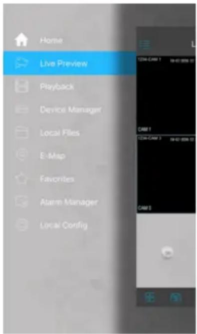Home Live Preview Playback Device Manager Local Files E-Map Favorites Alarm Manager Local Config CAM 1 CAM 2 CAM 3
