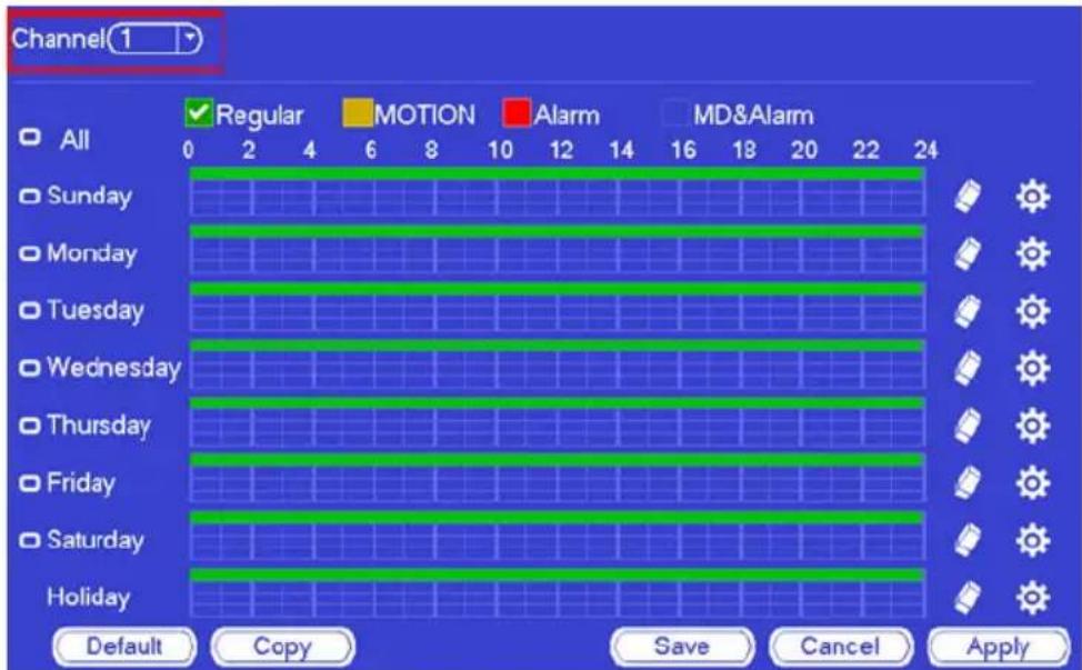 Channel(1) All Regular MOTION Alarm MD&Alarm 0 2 4 6 8 10 12 14 16 18 20 22 24 Sunday Monday Tuesday Wednesday Thursday Friday Saturday Holiday Default Copy Save Cancel Apply