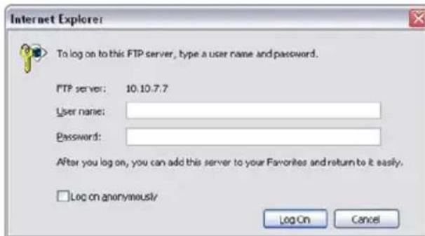 Internet Explorer To log on to this FTP server, type a user name and password. FTP server: 10.10.7.7 User name: Password: After you log on, you can add this server to your Favorites and return to it easily. Log on anonymously Log On Cancel