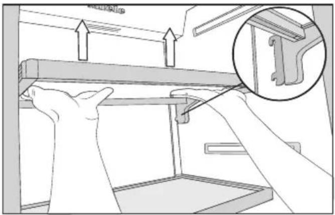 Illustration of hands installing or adjusting a metal bracket with an inset showing a close-up detail (no text or symbols)