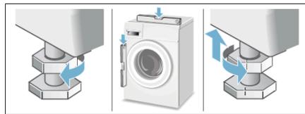 Three-step diagram showing a washing machine being installed, with blue arrows indicating motion (no text or symbols)