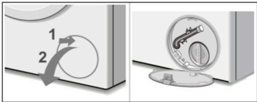 Diagram showing two views of a washing machine: one with a circular dial and arrow indicator, the other showing a magnified view of a washing machine with a handle (no text or symbols)
