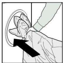 Illustration of a hand performing a medical procedure on a patient's ear (no text or symbols present)