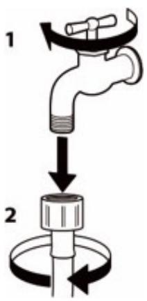 Diagram showing a faucet being installed into a pipe with two circular arrows indicating rotation or movement steps.