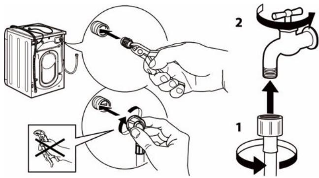 Diagram illustrating the step-by-step installation of a water tap with tool, showing disassembly and valve assembly.