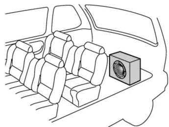 Line drawing of a vehicle rear view showing seat arrangement and camera module (no text or symbols)