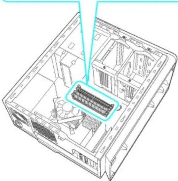 Technical line drawing of an internal computer case with visible RAM slots and ventilation ducts (no text or labels)