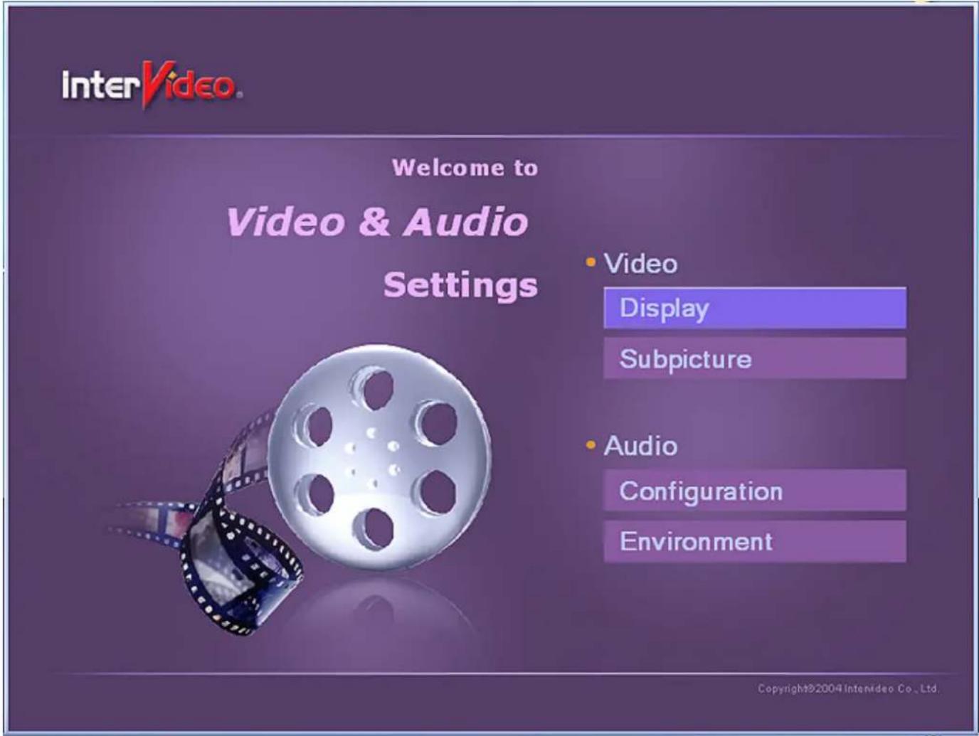 InterVideo. Welcome to Video & Audio Settings • Video Display Subpicture • Audio Configuration Environment Copyright©2004 Intenideo Co., Ltd.