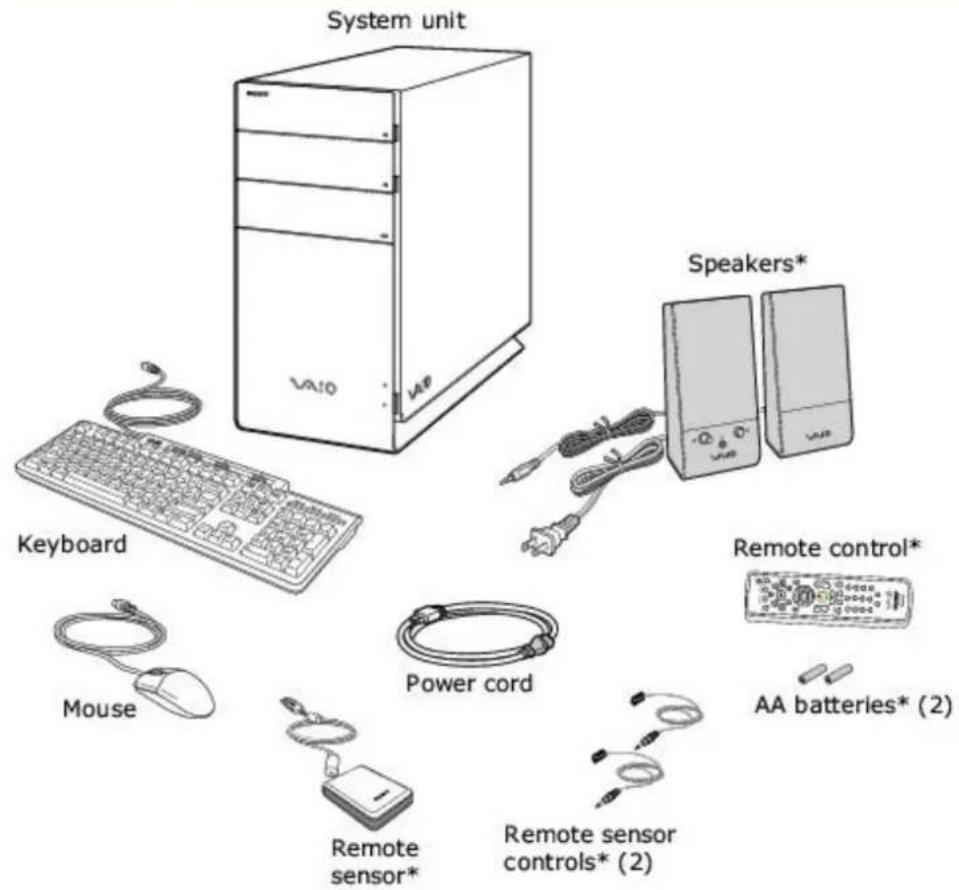 System unit VA10 Keyboard Mouse Power cord Remote sensor* Remote sensor controls* (2) Speakers* Remote control* AA batteries* (2)