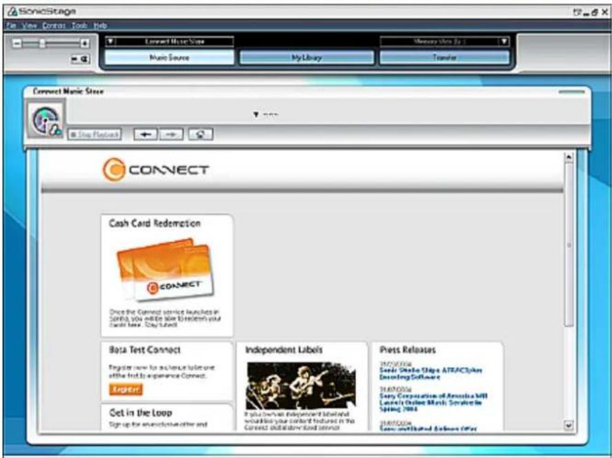 SonicStage File View Control Tools Help Learwell Music Store Music Source My Library Memory Store (J) Transfer Connect Music Store Stop Platform CO CONNECT Cash Card Redemption Once the Connect service launches in SINH's, you will be able to restore your Credit loss. Stay Tubell Data Test Connect Re…
