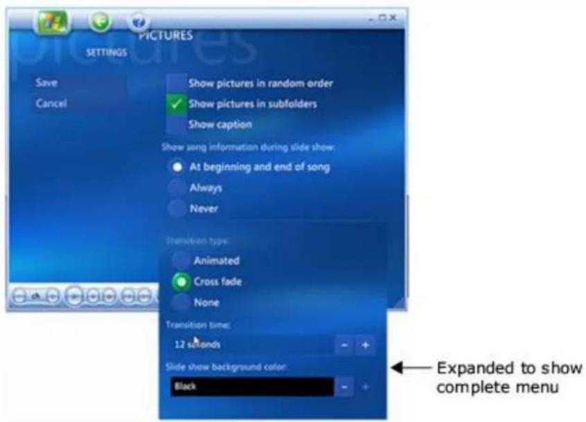 PICTURES SETTINGS Save Cancel Show pictures in random order ✓ Show pictures in subfolders Show caption Show song information during slide show: ● At beginning and end of song Always Never Transition type: Animated Cross fade None Transition time: 12 seconds Slide show background color: Black Expande…