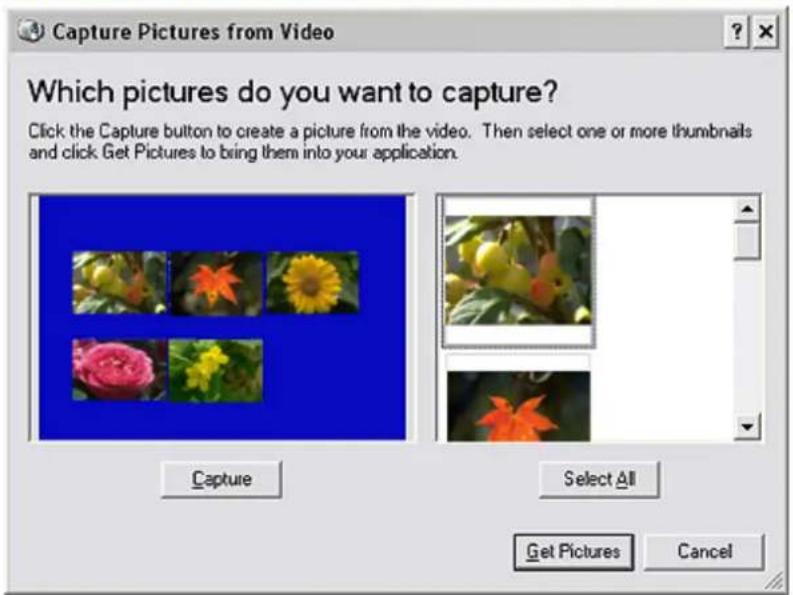 Capture Pictures from Video Which pictures do you want to capture? Click the Capture button to create a picture from the video. Then select one or more thumbnails and click Get Pictures to bring them into your application. Capture Select All Get Pictures Cancel