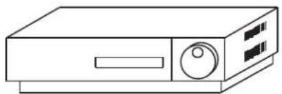 Line drawing of a rectangular electronic device with a button and ventilation slots (no text or symbols)