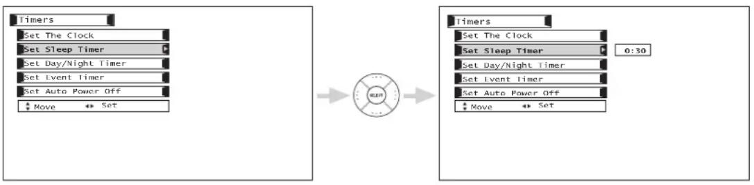 Timers Set The Clock Set Sleep Timer Set Day/Night Timer Set Event Timer Set Auto Power Off Move Set Timers Set The Clock Set Sleep Timer Set Day/Night Timer Set Event Timer Set Auto Power Off Move Set 0:30