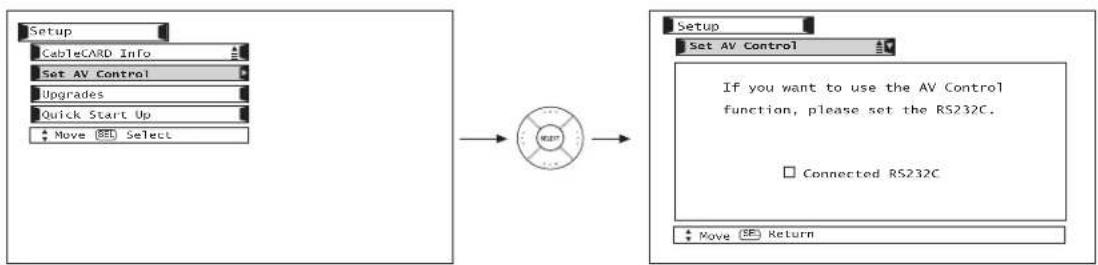 graph LR A["Setup"] --> B["CableCARD Info"] B --> C["Set AV Control"] C --> D["Upgrades"] D --> E["Quick Start Up"] E --> F["Move RED Select"] G["Setup"] --> H["Set AV Control"] H --> I["If you want to use the AV Control function, please set the RS232C."] I --> J["Connected RS232C"] K["Move RED Retu…