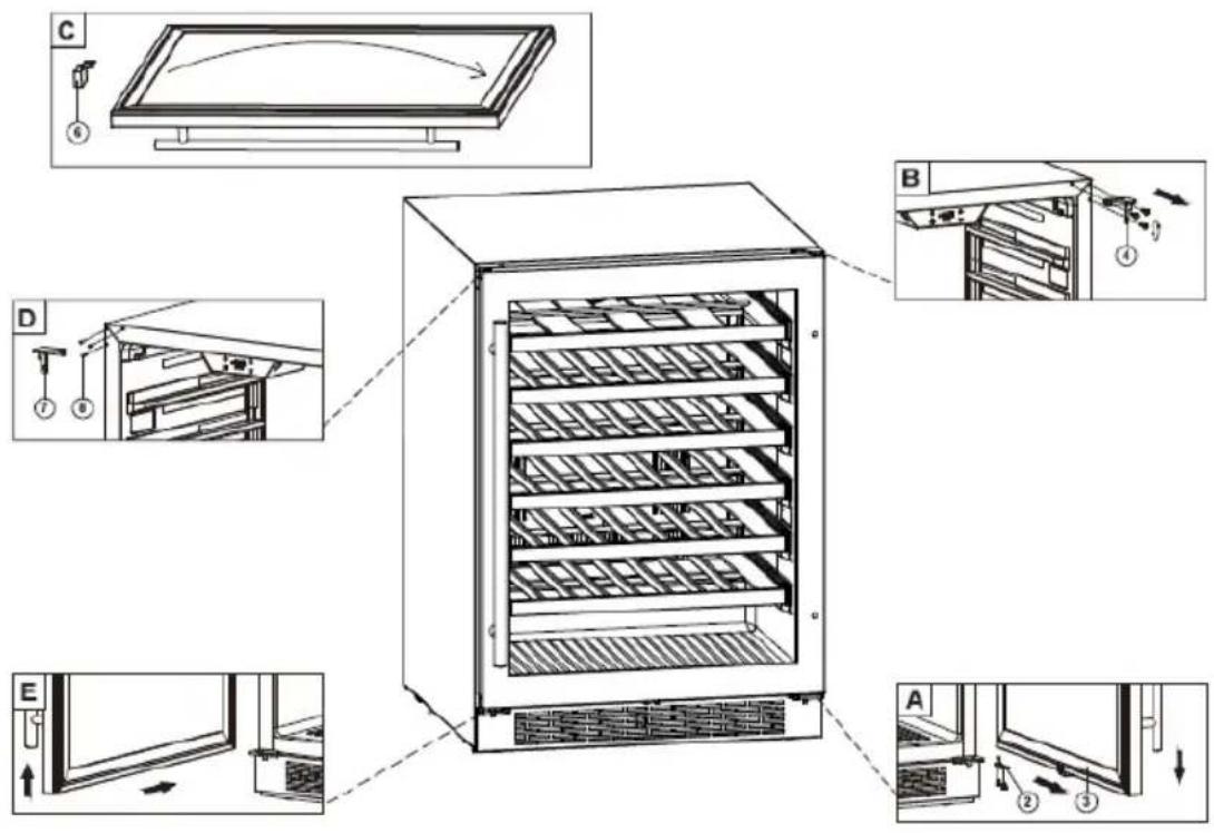 Technical diagram of a refrigerator with labeled components and exploded views