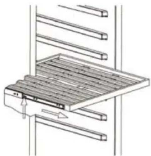 Diagram of a rack-mounted device with directional arrows indicating movement or force (no text or symbols present)