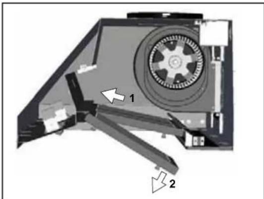 Diagram of a mechanical device with labeled parts (1 and 2), showing internal components and directional arrows (no text or symbols beyond labels)