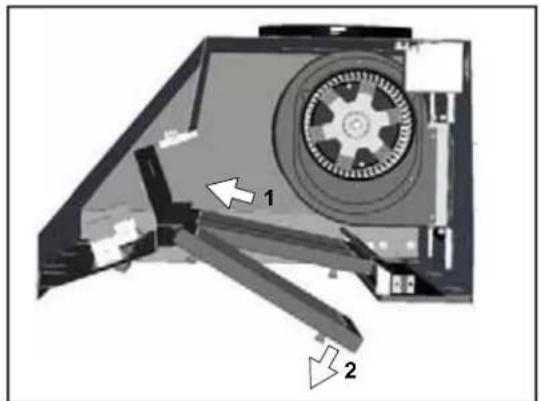 Diagram of a mechanical device with labeled parts (1 and 2), showing internal components and directional arrows (no text or symbols beyond labels)