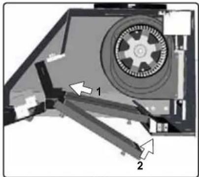 Diagram of a mechanical device with labeled parts (1 and 2), showing internal components and directional arrows (no readable text or symbols)