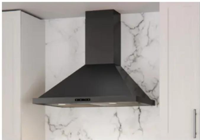Modern kitchen air conditioner with black smoke and white marble wallpaper, mounted on a white cabinet (no text or symbols visible)