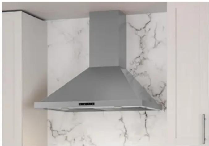 Modern kitchen air conditioner with marble wallpaper, mounted on a cabinet (no visible text or symbols)
