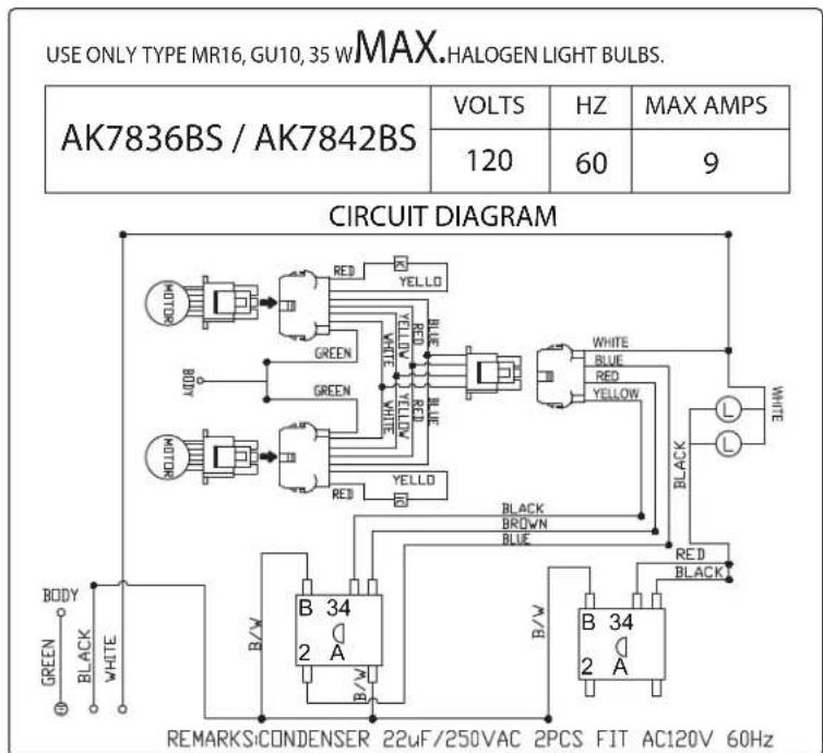 USE ONLY TYPE MR16, GU10, 35 W MAX.HALOGEN LIGHT BULBS. AK7836BS / AK7842BS VOLTS HZ MAX AMPS 120 60 9 CIRCUIT DIAGRAM B 34 2 A B/W B 34 2 A REMARKS:CONDENSER 22uF/250VAC 2PCS FIT AC120V 60Hz