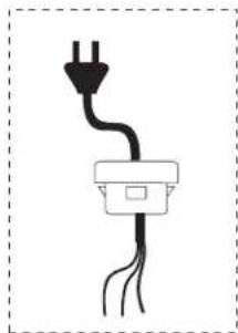Simple line drawing of a plug with a power outlet and wires (no text or symbols)