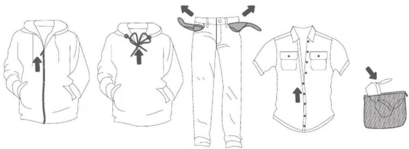 Illustration of a jacket and pants with different clothing designs, showing front, side, and back views (no text or symbols)