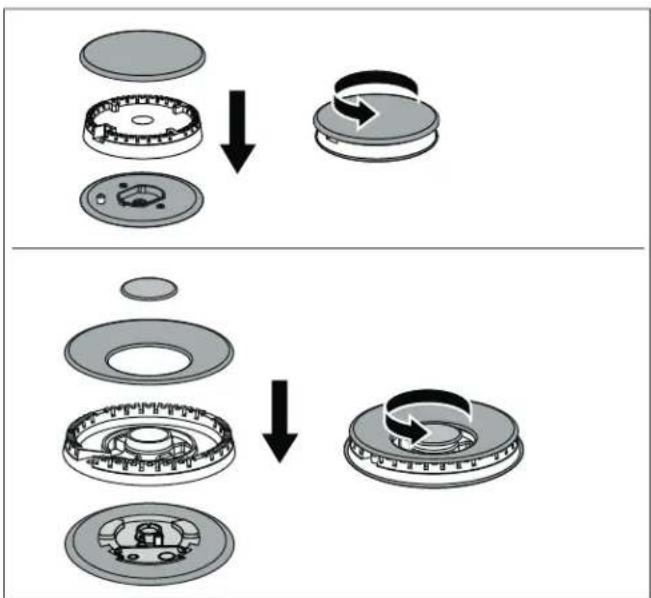 graph TD A["Top: Disassembled Circular Component"] --> B["Downward Arrow"] B --> C["Left: Top-Left Ring with Inner Ring and Outer Ring"] C --> D["Right: Top-Right Ring with Inner Ring and Outer Ring"] D --> E["Bottom: Left-Left Ring with Inner Ring and Outer Ring"] E --> F["Downward Arrow"] F --> G[…