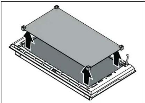 3D diagram of a rectangular electronic device with mounting brackets and a central panel, showing internal structure and mounting points (no text or symbols)