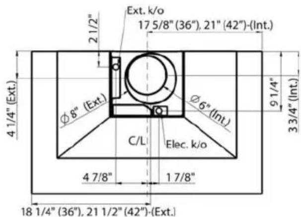 Ext. k/o 17 5/8" (36"), 21" (42")-(Int.) 2 1/2" Ø 8" (Ext.) Ø 6" (Int.) C/L Elec. k/o 4 1/4" (Ext.) 9 1/4" 3 3/4" (Int.) 4 7/8" 1 7/8" 18 1/4" (36"), 21 1/2" (42")-(Ext.)