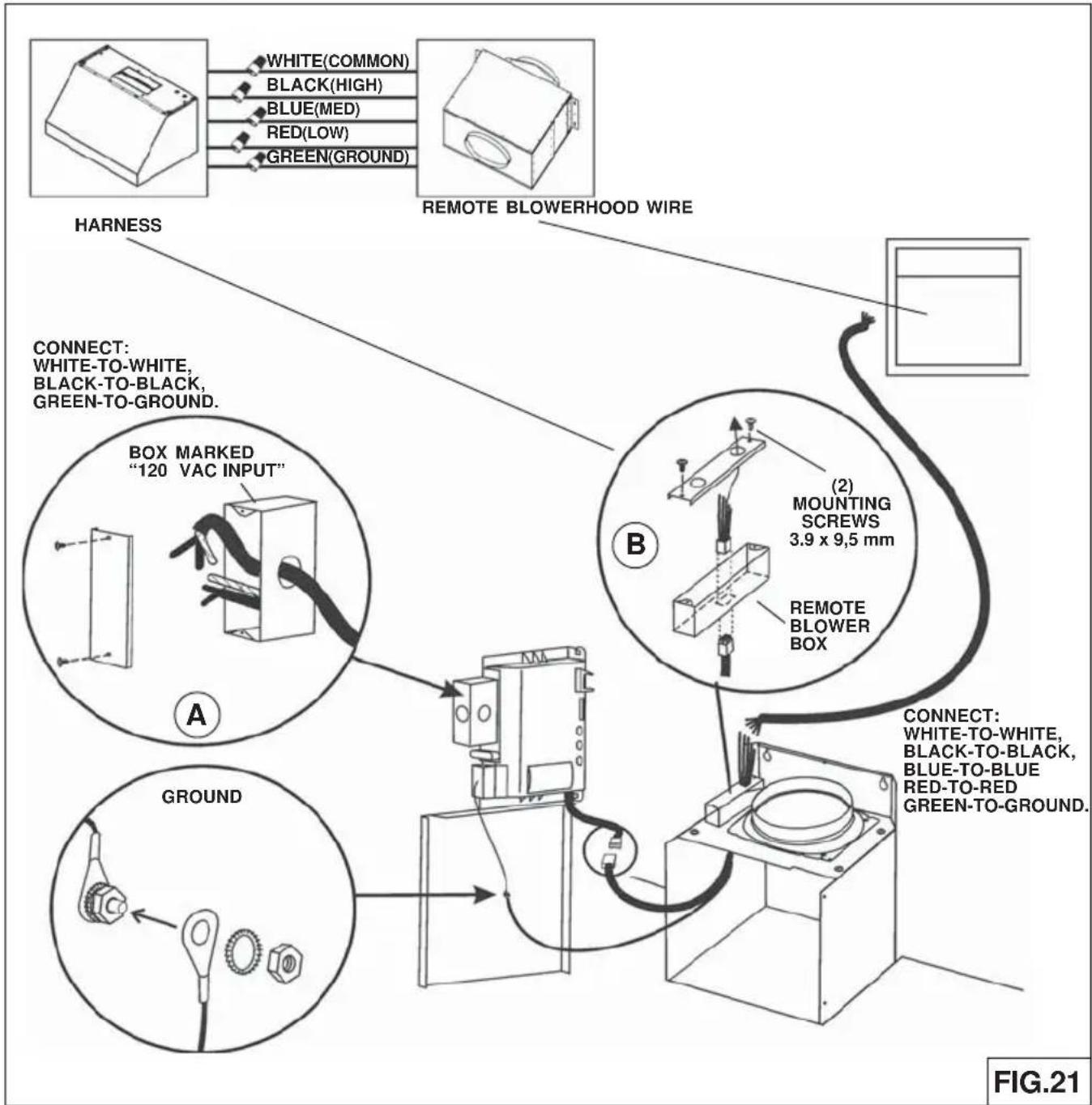 WHITE(COMMON) BLACK(HIGH) BLUE(MED) RED(LOW) GREEN(GROUND) REMOTE BLOWERHOOD WIRE HARNESS CONNECT: WHITE-TO-WHITE, BLACK-TO-BLACK, GREEN-TO-GROUND. BOX MARKED "120 VAC INPUT" A B (2) MOUNTING SCREWS 3.9 x 9,5 mm REMOTE BLOWER BOX GROUNDS CONNECT: WHITE-TO-WHITE, BLACK-TO-BLACK, BLUE-TO-BLUE RED-TO-R…