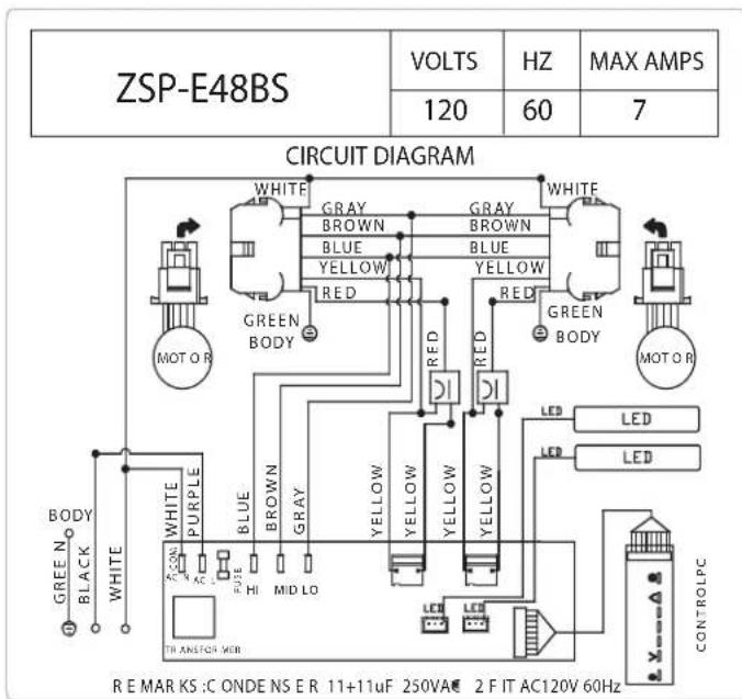 ZSP-E48BS VOLTS HZ MAX AMPS 120 60 7 CIRCUIT DIAGRAM WHITE GRAY WHITE BROWN BROWN BLUE BLUE YELLOW YELLOW YELLOW RED RED RED GREEN BODY GREEN BODY MOTOR MOTOR BODY WHITE PURPLE BLUE BROWN YELLOW YELLOW YELLOW YELLOW GREEN LED LED BLACK HI MID LO TRANSFER MOB LED CONTROLPC R E M A R K S : C O N D E N…