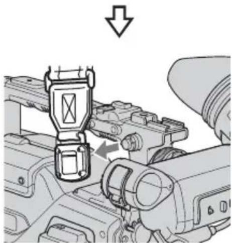 Mechanical assembly diagram showing a bracket with a downward arrow indicating motion (no text or symbols present)