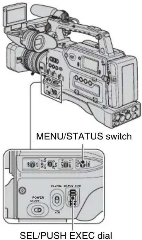 MENU/STATUS switch POWER ON OFF OUTPUT SAFE ON VCC WTR RAI FRT16 SLENE HBU CAMERIO SOL/PUSH EXEC VCR SEL/PUSH EXEC dial