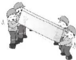Illustration of three workers in hard hats pulling a large object, no text or symbols present