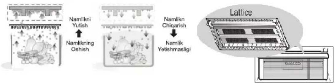 graph TD A["Namlikni Yutish"] --> B["Namlikning Oshish"] B --> C["Namlik Chiqarish"] C --> D["Namlik Yetishmasligi"] D --> E["Lattice"]