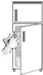 Illustration of a hand opening a refrigerator with shelves (no text or symbols)
