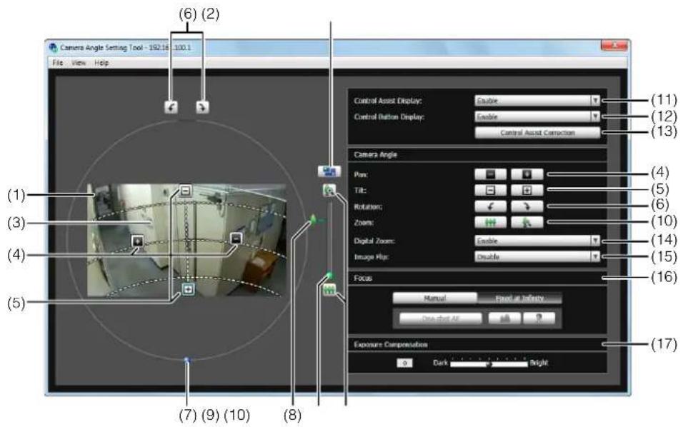 Camera Angle Setting Tool - 192.16 100.1 File View Help (6) (2) Control Asset Display: Enable Control Button Display: Enable Control Asset Correction (11) (12) (13) Camera Angle Pan: Tilt: Rotation: Zoom: Digital Zoom: Enable Image Map: Double Focus Manual Fixed at Infinity One sheet All Exposure Co…