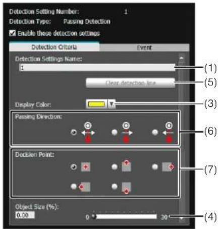 Detection Setting Number: 1 Detection Type: Passing Detection Enable these detection settings Detection Criteria Event Detection Settings Name: 6 Clear detection line Display Color: Passing Direction: (1) (5) (3) (6) (7) Decision Point: (4) Object Size (%): 0.00 0 30