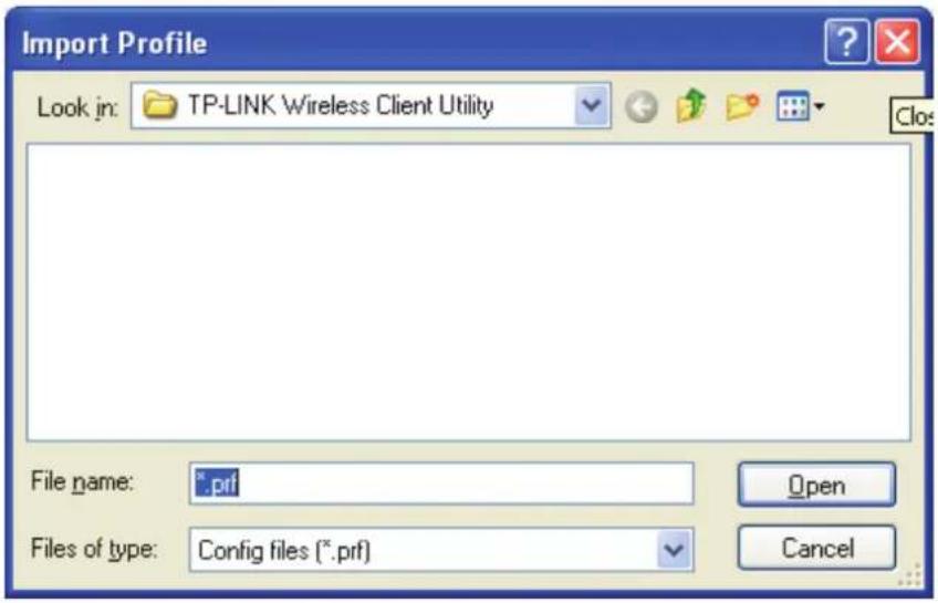 Import Profile Look in: TP-LINK Wireless Client Utility File name: *.prf Files of type: Config files (*.prf) Open Cancel