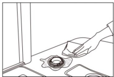 Line drawing of a hand cleaning a kitchen surface with a cloth and sink (no text or symbols)