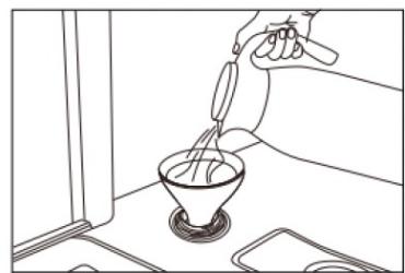 Line drawing of a hand pouring liquid into a conical flask on a stove (no text or symbols)