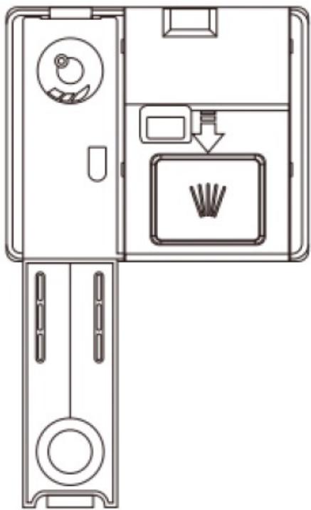 Line drawing of a door with a circular vent, a square button labeled 'Wear', and a hanging arrow pointing to it (no text or symbols present)