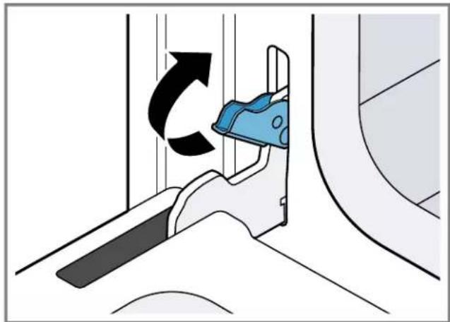 Diagram of a car seatbelt mechanism with a blue handle and black arrow indicating clockwise motion (no text or symbols)