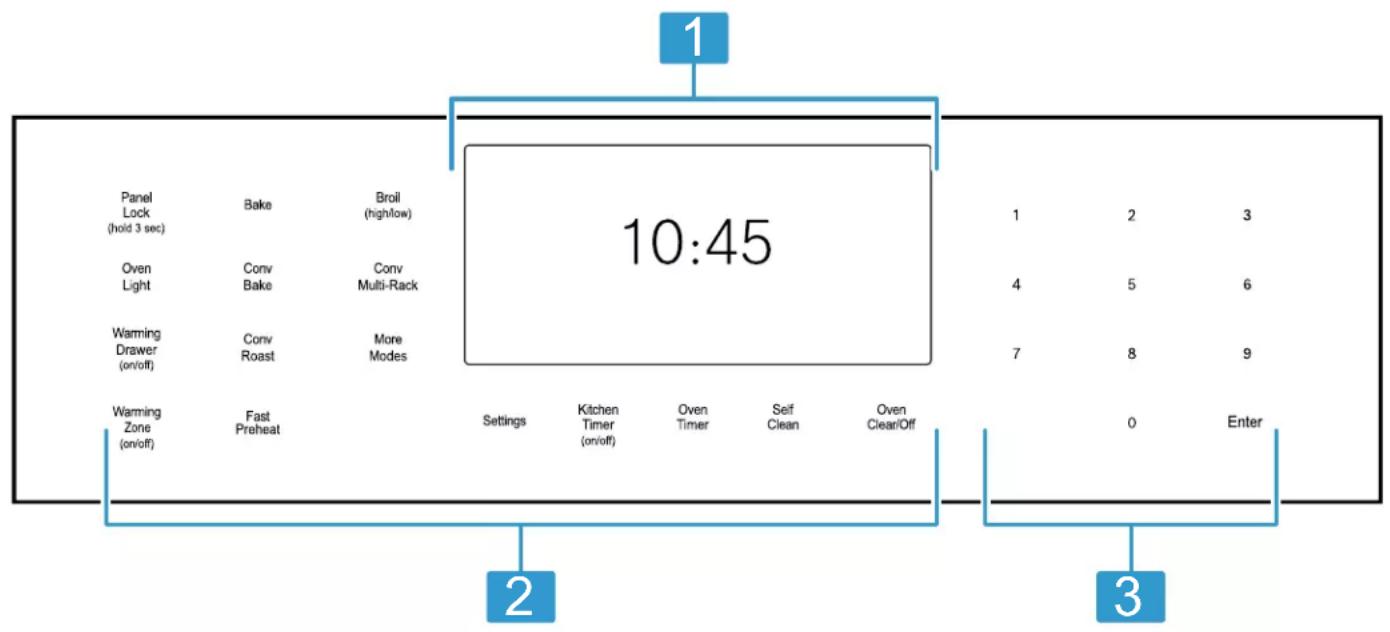 graph TD A["10:45"] --> B["Panel Lock (hold 3 sec)"] A --> C["Oven Light"] A --> D["Warming Drawer (on/off)"] A --> E["Warming Zone (on/off)"] B --> F["Bake"] B --> G["Conv Bake"] B --> H["Conv Multi-Rack"] B --> I["Conv Roast"] B --> J["More Modes"] C --> K["Broil (high/low)"] D --> L["Settings"] D…
