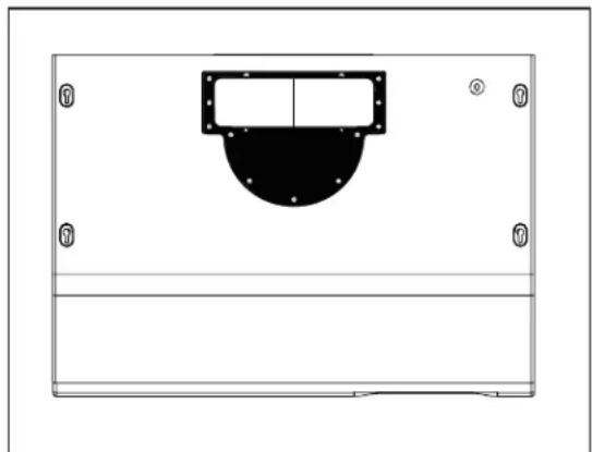 Pure technical diagram of a mechanical component with mounting holes and a central semicircular feature (no text or symbols)
